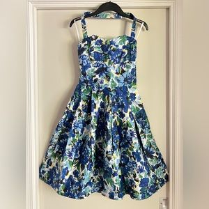 Unique Vintage Blue Floral Strapless Mini Dress